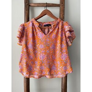 Floral Print Blouse Ruffle Sleeve V-Neck Top Bohemian Style Size S